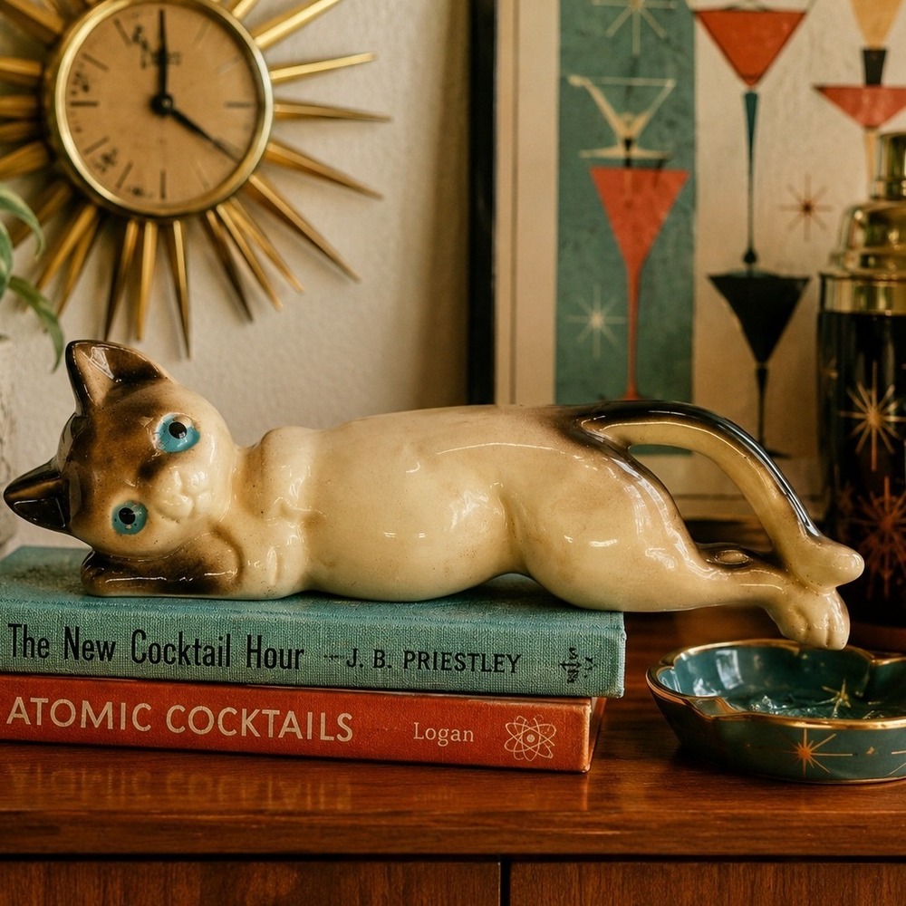 Vintage MCM Siamese Cat Figurine Blue Eyes Reclining Ceramic Kitsch Decor